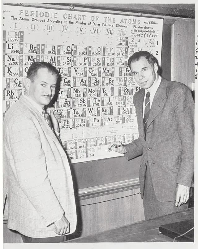 Dr Edwin McMillan (left) and Dr Glenn Seaborg (right) pointing to a space on the chart (98-CF) designating californium © Bettmann/Getty Images