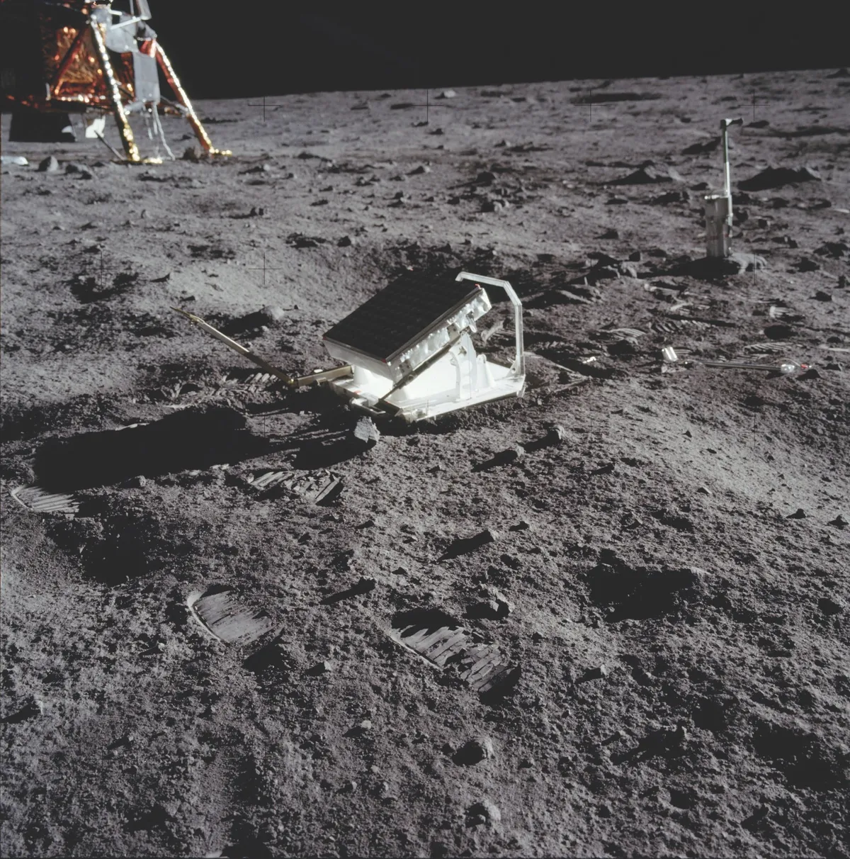 This first laser ranging reflector to be placed on the Moon was designed to monitor the distances between stations on Earth and the Apollo 11 landing site. The data has been used in studies of gravity, relativity and lunar geology. Made up of 100 small, fused silica cubes that reflect laser light directly back to its source, the reflector was placed about 14m from the lunar module. The first measurements were made at Lick Observatory on 1 August 1969 and are still being taken today. © NASA/JPL