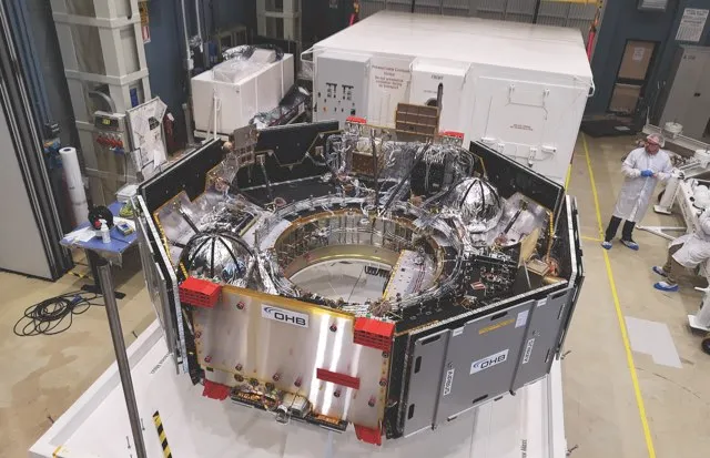 The ESA carrier module that will house the Rosalind Franklin rover on its journey from Earth to Mars is under construction here. It will also provide the communication link between Earth and the spacecraft during the trip © ESA
