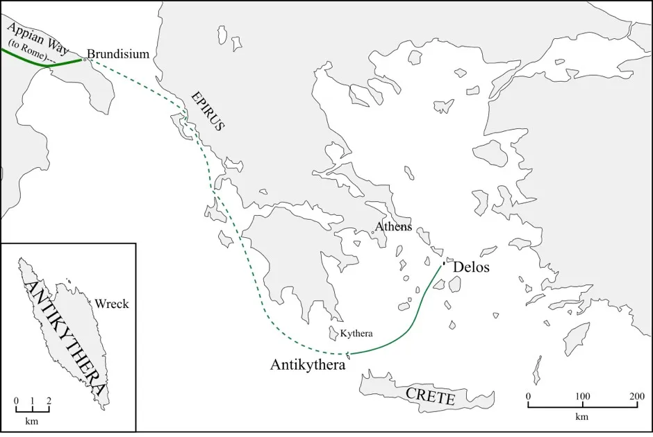 A possible itinerary for the ancient ship carrying the Antikythera Mechanism © Alexander Jones/d-maps.com