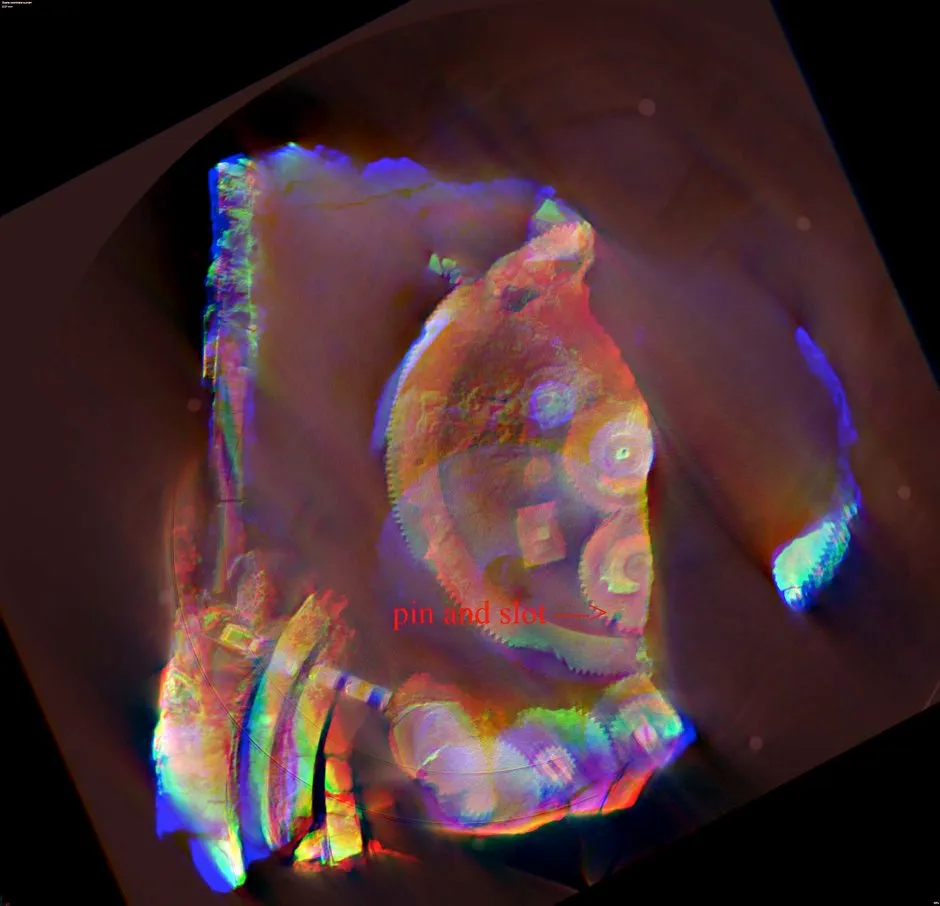 False colour tomography image showing some of the layers of gears in the largest fragment. © X-Tek Systems/Nikon Metrology