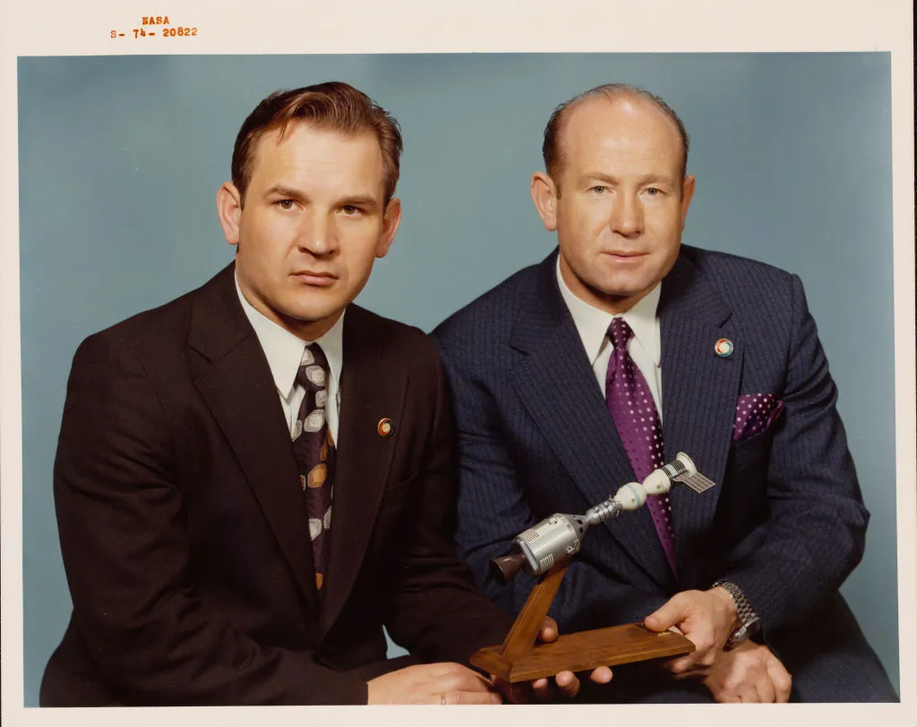 Alexei Leonov (R) with Valeri Nikolayevich Kubasov, the two Soviet prime crewmen of the joint US-USSR Apollo-Soyuz Test Project, 1974 ©Space Frontiers/Getty Images