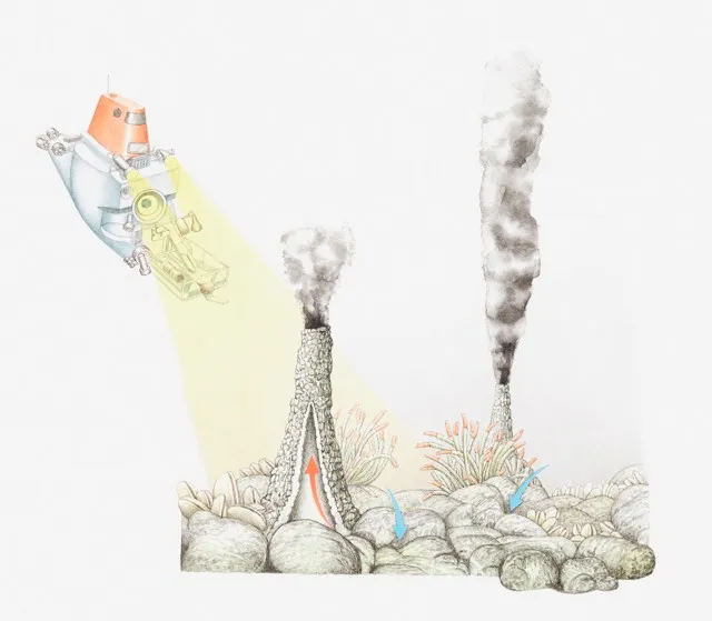 Illustration of smokers (sea vents, hydrothermal vents) on the ocean floor in volcanically active areas of mid-ocean ridges - stock illustration