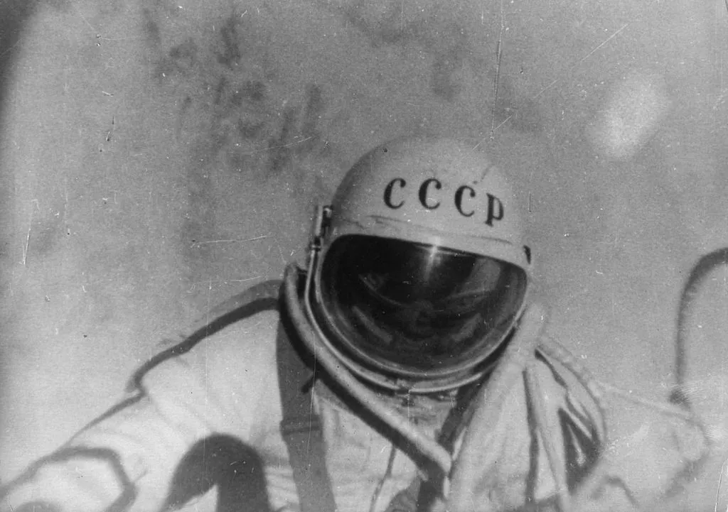 A still from a documentary film 'The Man Walking In Space', which followed Russian astronaut Alexei Leonov on his famous orbit in the spacecraft Voskhod 2 © Central Press/Getty Images