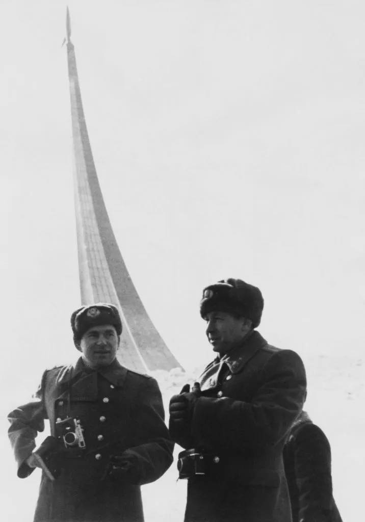 Soviet cosmonaut Colonel Pavel Belyayev (left) with Colonel Alexey Leonov in Moscow, Russia, 1965. The two men carried out the Voskhod 2 space mission that same year, which saw Leonov become the first man to walk in space © Keystone/Hulton Archive/Getty Images
