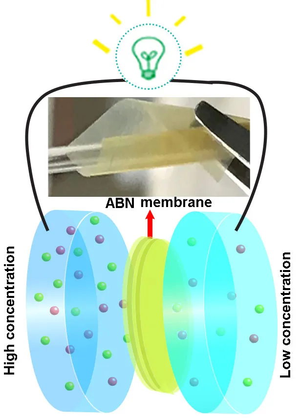 This diagram depicts bio-inspired nanocomposite membranes for efficient blue energy harvesting © Chen et al.