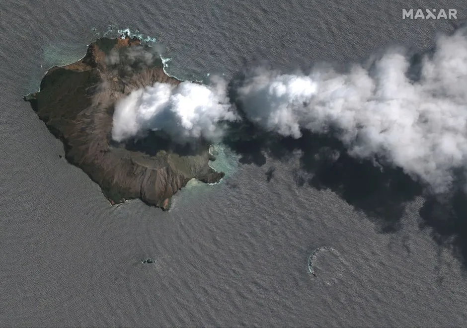 A satellite image of White Island after the eruption © 2019 Maxar Technologies