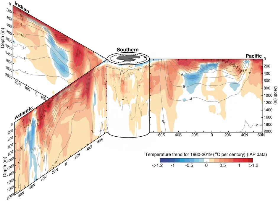 Ocean temperature trend from 1960 to 2019 in the three major ocean basins from surface to 2,000m. The zonal and vertical sections are organized around Southern Ocean in the center. Black contours show the associated climatological mean temperature with intervals of 2C © Lijing Cheng