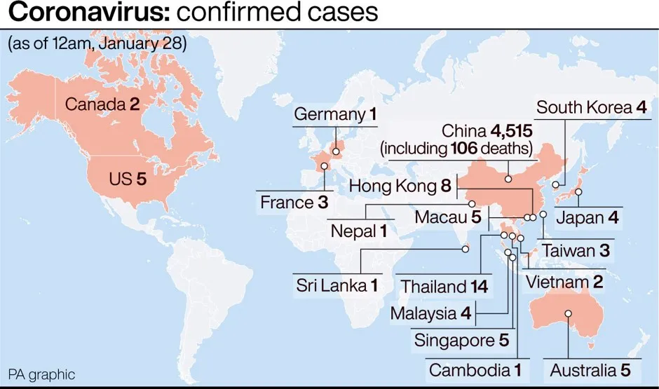 Infographic showing confirmed cases of Coronavirus so far © PA Graphics