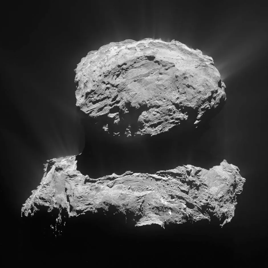 The dumbbell shape of comet 67P/Churyumov-Gerasimenko is the result of fusion between two comets, captured here by the Rosetta mission in 2015 © ESA