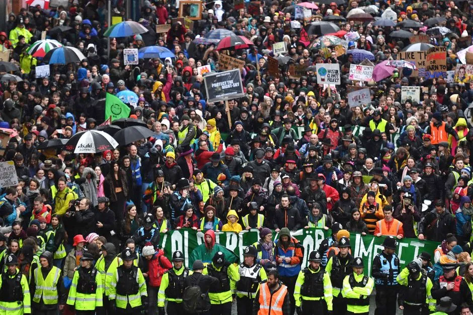 Swedish environmentalist Greta Thunberg joins demonstrators during a Bristol Youth Strike 4 Climate (BYS4C) march, on February 28, 2020 in Bristol, England. (Photo by Leon Neal/Getty Images)