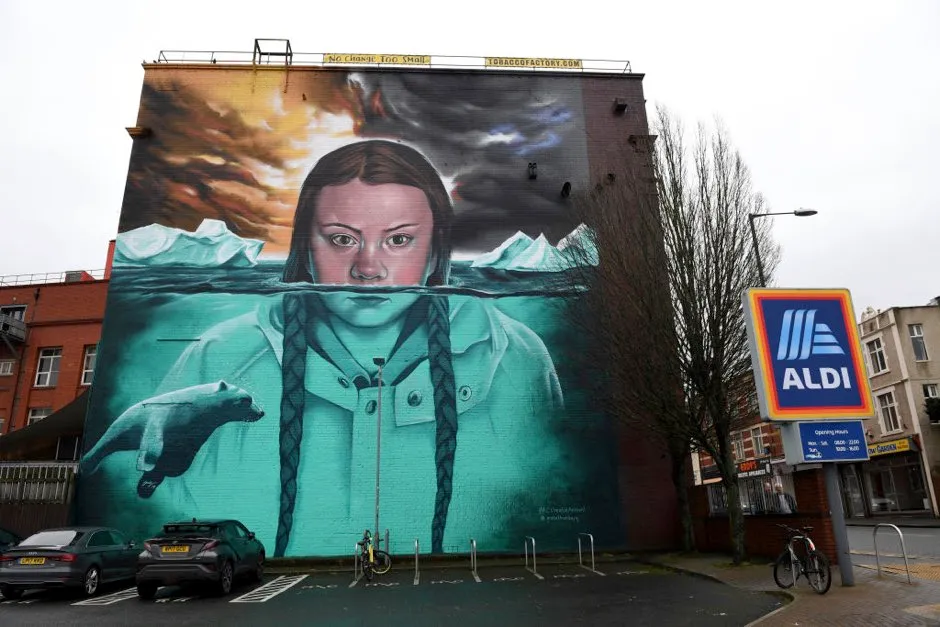 Greta Thunberg mural at the Tobacco Factory in Bedminster on February 28, 2020 in Bristol, England. (Photo by Finnbarr Webster/Getty Images)