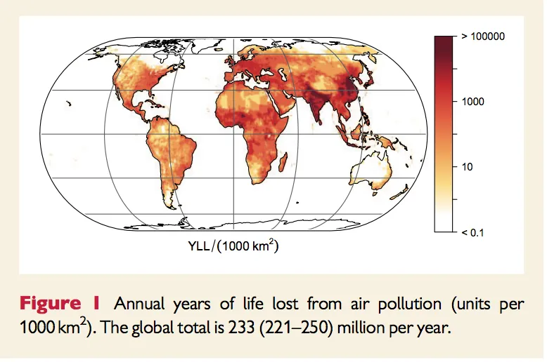 Heat map showing years of life lost each year from air pollution © Cardiovascular Research