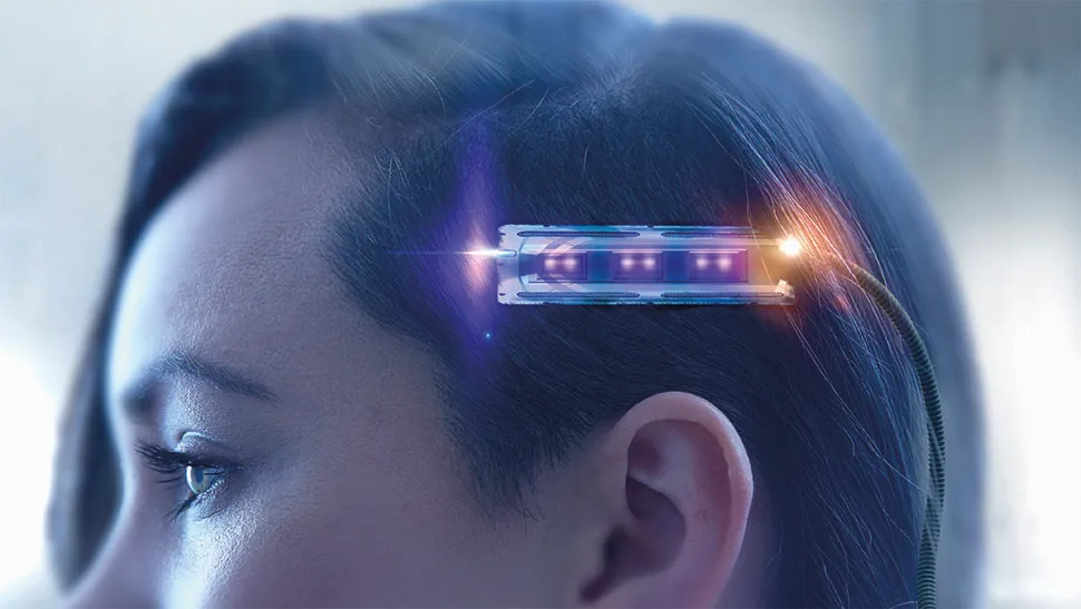 Mixed race woman undergoing futuristic brain scan