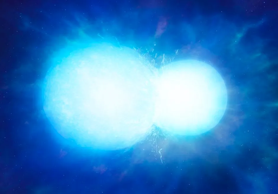 An artist’s impression of two white dwarfs in the process of merging © Mark Garlick/University of Warwick/PA