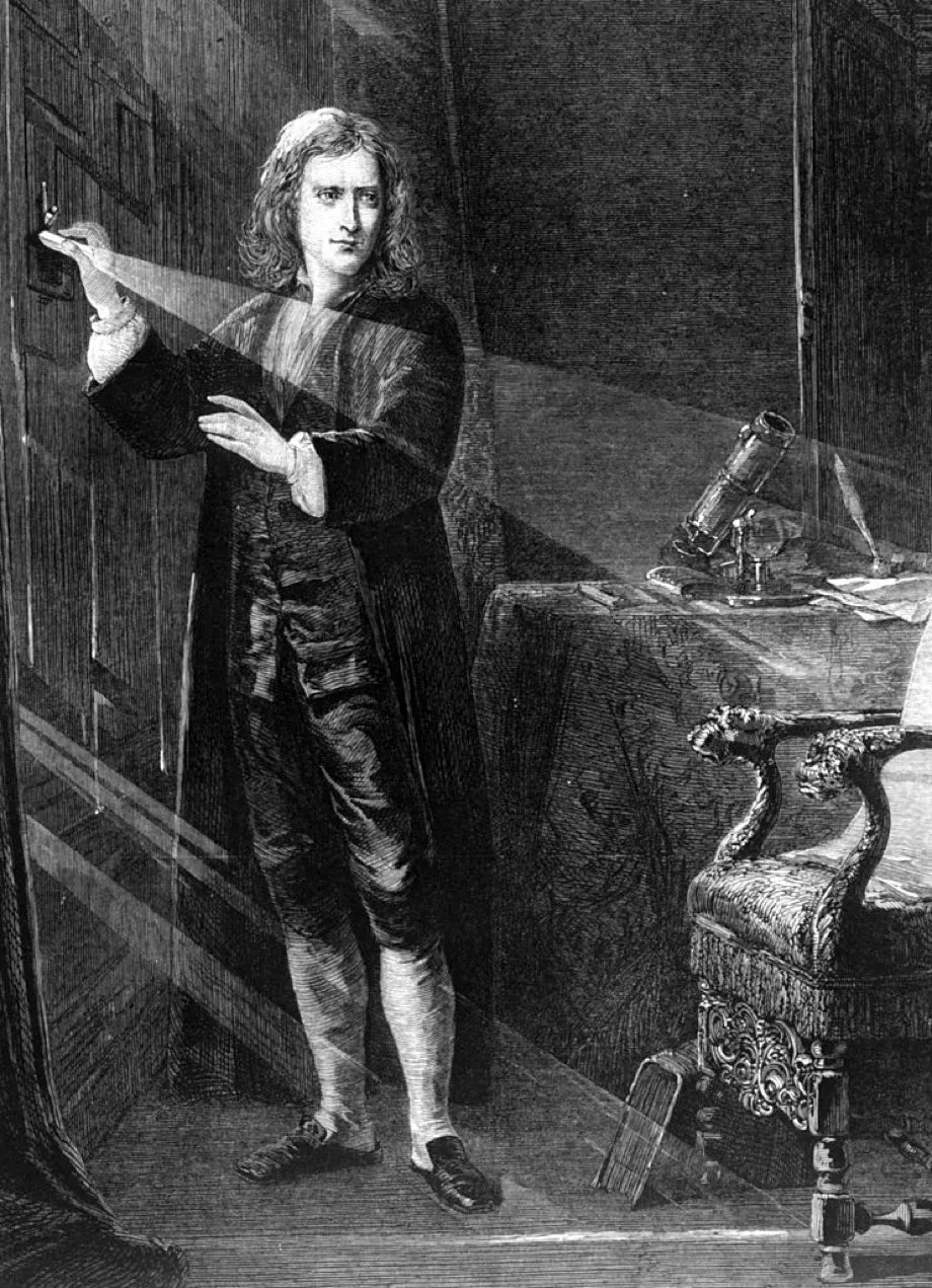 A young Isaac Newton conducting light experiments using a prism in the mid-17th Century. Newton favoured a corpuscular theory of light, and his great standing ensured that idea dominated scientific thought for many decades © Hulton Archive/Getty Images