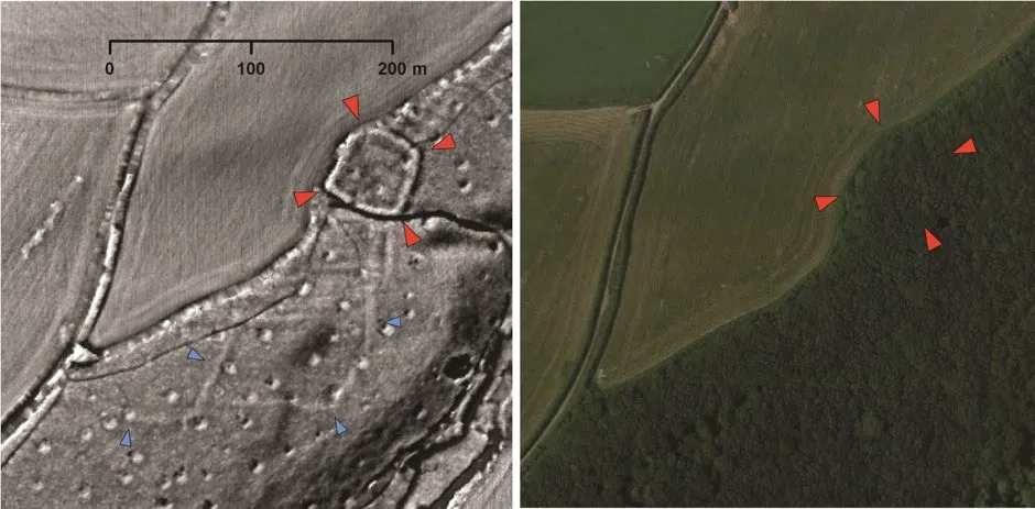 A probable Iron Age or Roman enclosed settlement (indicated by red arrows) and an associated field system (inidicated by blue arrows), hidden beneath woodland which have been revealed by volunteers using Lidar data during lockdown © University of Exeter/PA