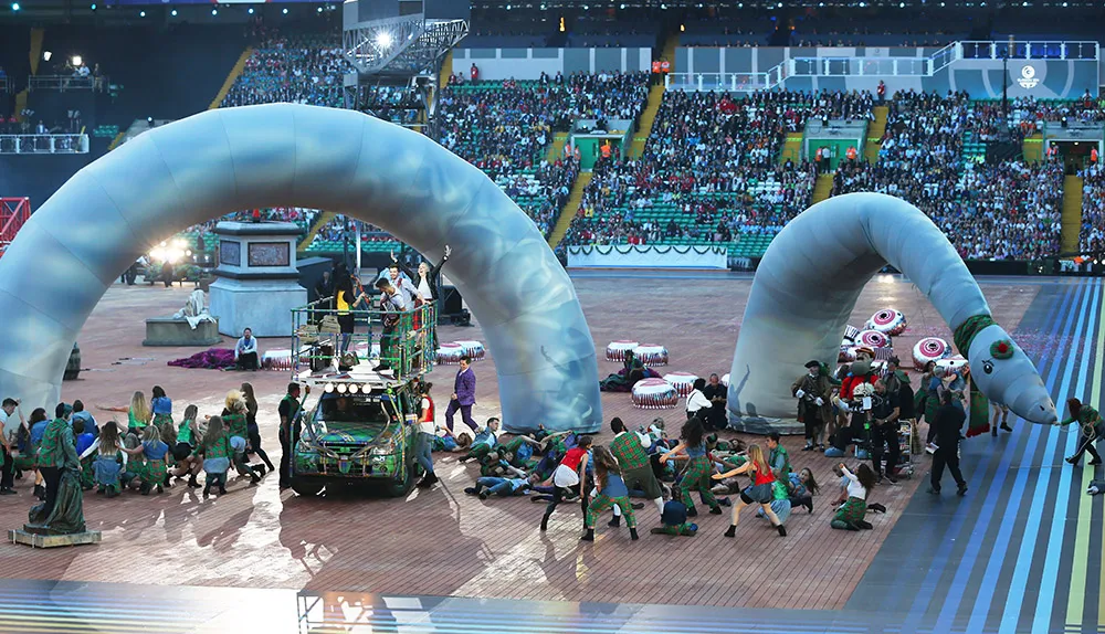 GLASGOW, SCOTLAND - JULY 23: Dancers perform with a Loch Ness Monster during the Opening Ceremony for the Glasgow 2014 Commonwealth Games at Celtic Park on July 23, 2014 in Glasgow, Scotland. (Photo by Francois Nel/Getty Images)