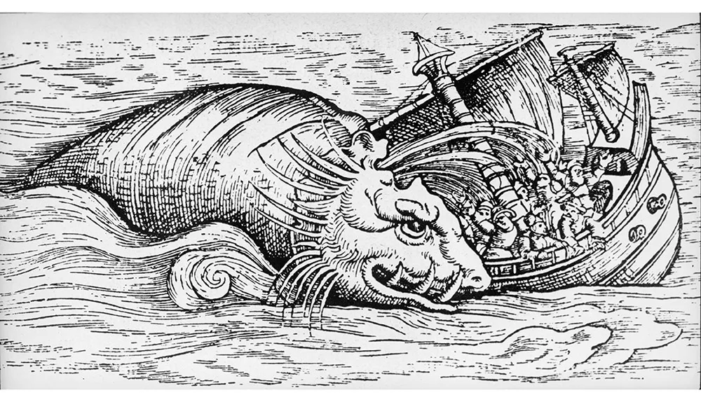 our cultures have primed us to imagine monsters whenever we see such things as dark shapes beneath the water, such as depicted in this 15987 woodcut © Getty Images
