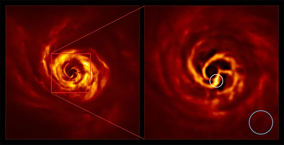 The images of the AB Aurigae system showing the disc around it. The image on the right is a zoomed-in version of the area indicated by a red square on the image on the left. It shows the inner region of the disc, including the very-bright-yellow ‘twist’ (circled in white) that scientists believe marks the spot where a planet is forming. This twist lies at about the same distance from the AB Aurigae star as Neptune from the Sun. The blue circle represents the size of the orbit of Neptune. The images were obtained with the SPHERE instrument on ESO’s Very Large Telescope in polarised light © Boccaletti et al/ESO