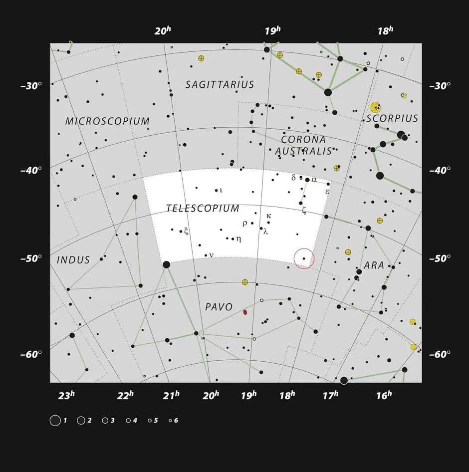 This chart shows the location of the HR 6819 triple system, which includes the closest black hole to Earth, in the constellation of Telescopium. This map shows most of the stars visible to the unaided eye under good conditions and the system itself is marked with a red circle. While the black hole is invisible, the two stars in HR 6819 can be viewed from the southern hemisphere on a dark, clear night without binoculars or a telescope © ESO, IAU and Sky & Telescope