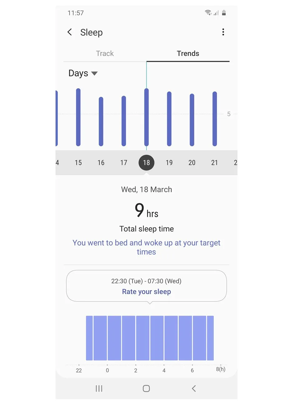 A screenshot of the Samsung Health sleep tracker