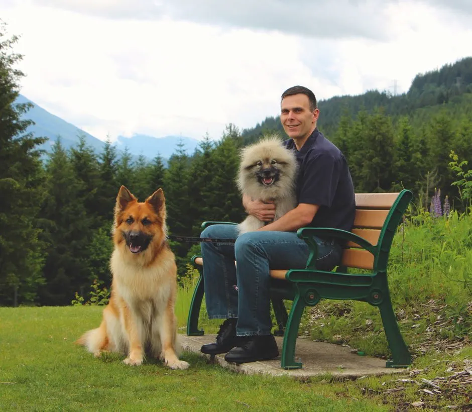 Dog Aging Project co-founder Prof Matt Kaeberlein with Dobby and Chloe