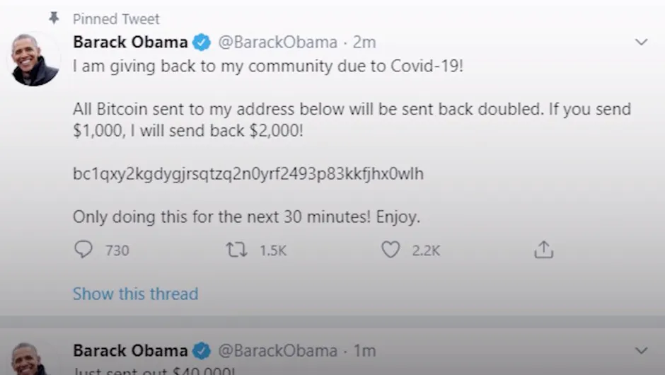 Former US President Barack Obama's hacked Twitter account