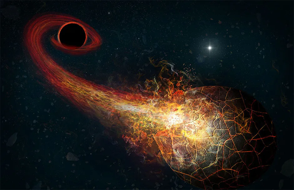 An artist's illustration of a tiny black hole in the outer Solar System ripping apart a comet from the Oort cloud © M Weiss