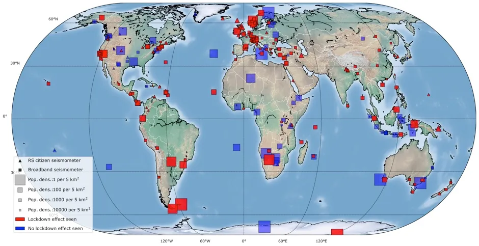 Locations of the 268 global seismic stations. Lockdown effects are observed (red) at 185 out of 268 stations © Lecocq et al/Science