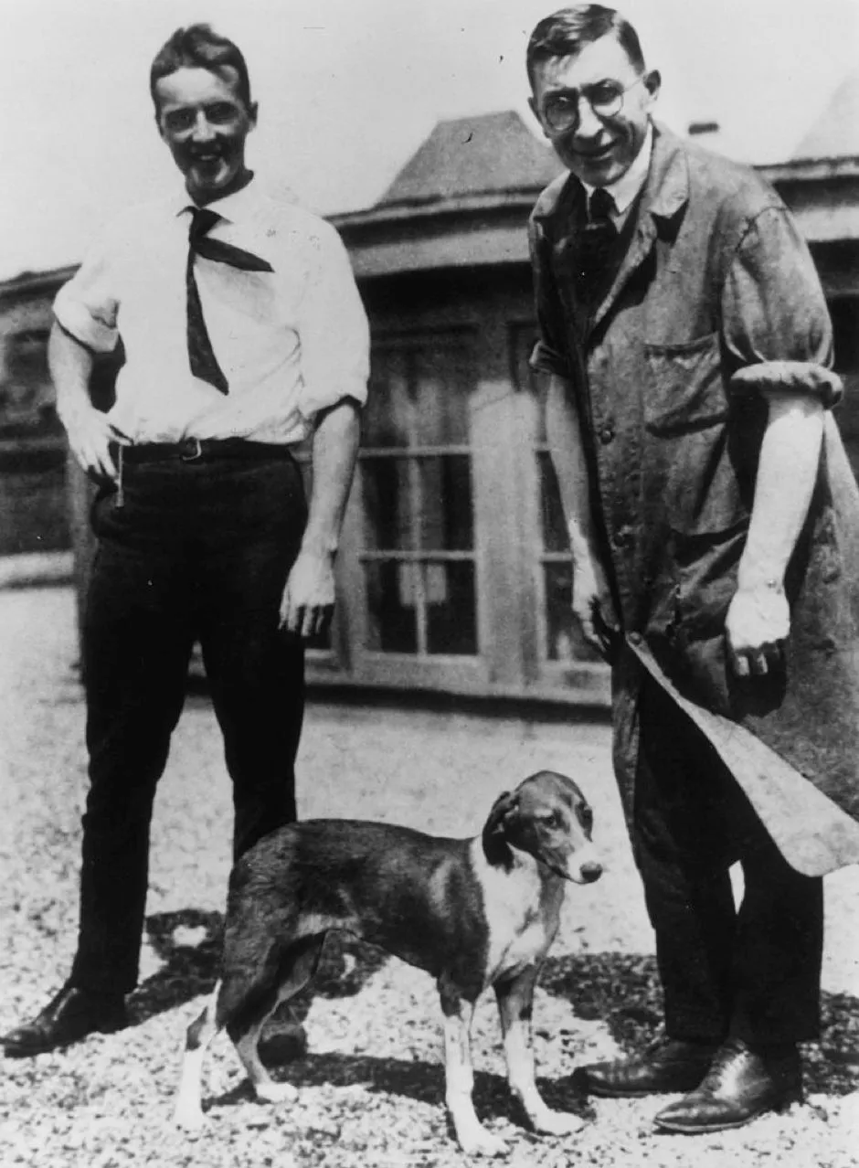 Charles Best (1899 - 1978) and Frederick Banting (1891 - 1941) (right) with one of the first diabetic dogs to receive the insulin hormone © Hulton Archive/Getty Images