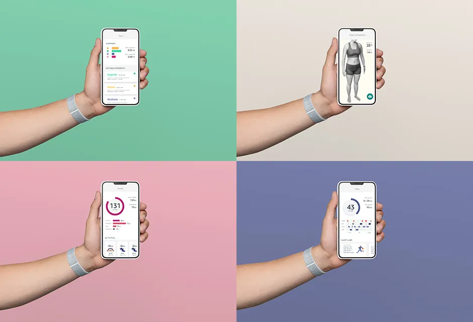 Halo App features. Clockwise from top left: Tone, tracking a person's emotions; Body, measuring body fat percentage; Activity, a standard fitness tracking feature; and Sleep, delivering a sleep score each night © Amazon Halo