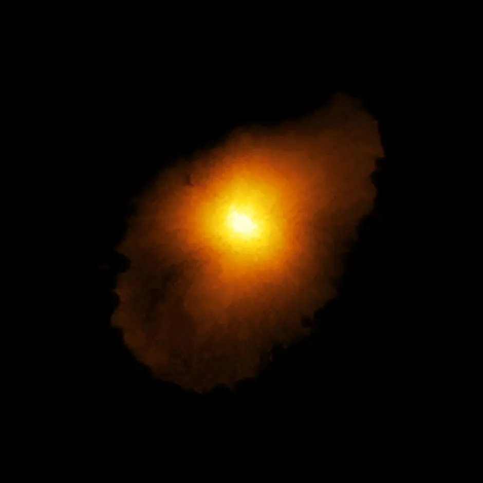 A reconstruction of the true shape of SPT0418-47, showing its rotating disc and bulge © ALMA (ESO/NAOJ/NRAO), Rizzo et al.