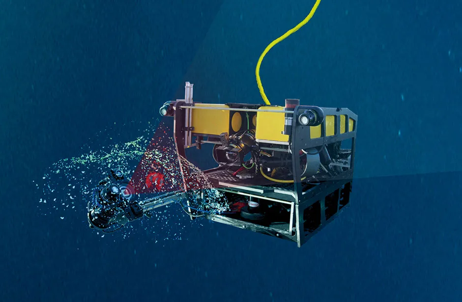 Illustration of a remotely operated underwater vehicle (ROV) with the DeepPIV system attached © Kim Fulton-Bennett, 2017 MBARI
