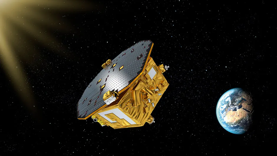LISA Pathfinder, seen here in this illustration, paved the way for the LISA mission, which is planned for launch in 2034. LISA will pick up gravitational waves, which are the ripples formed in space-time from energetic processes, like black holes © ESA