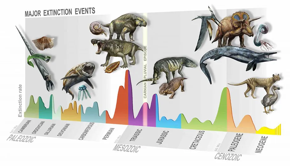 Summary of major extinction events through time, highlighting the Carnian Pluvial Episode at 233 million years ago © D. Bonadonna/ MUSE, Trento