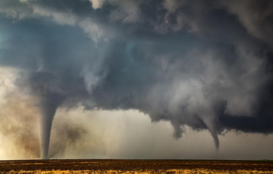 Two tornadoes descend from a supercell near Dodge City, Kansas, 24th May 2016