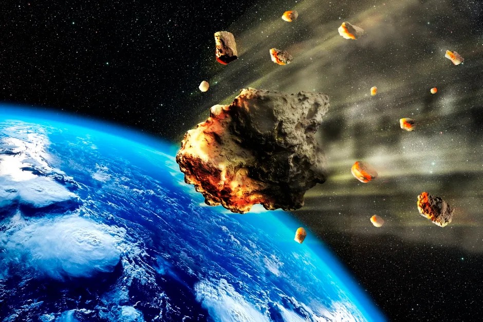 3D rendering of a swarm of asteroids entering the Earth's atmosphere.