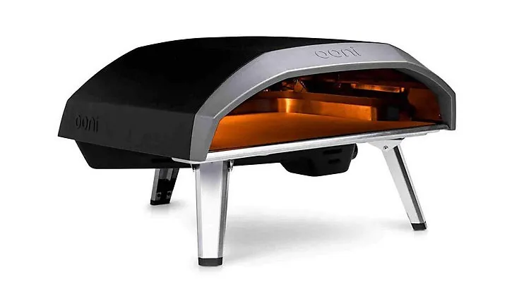 A black and silver pizza oven on a white background.