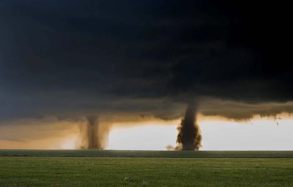 Two tornadoes touch down simultaneously in the plains of eastern Colorado USA