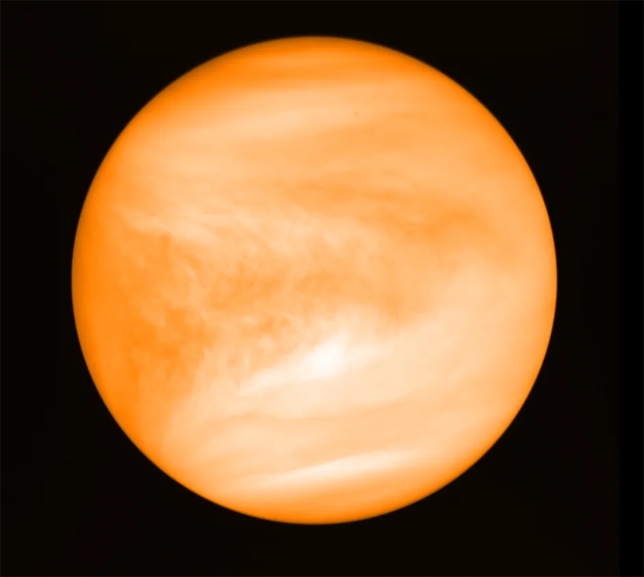 Image of Venus, observed in the 365nm waveband by the Venus Ultraviolet Imager (UVI) on board the Akatsuki probe. The observations were made on 6 May 2016, when the spacecraft saw the whole planet illuminated © J. Greaves / Cardiff University