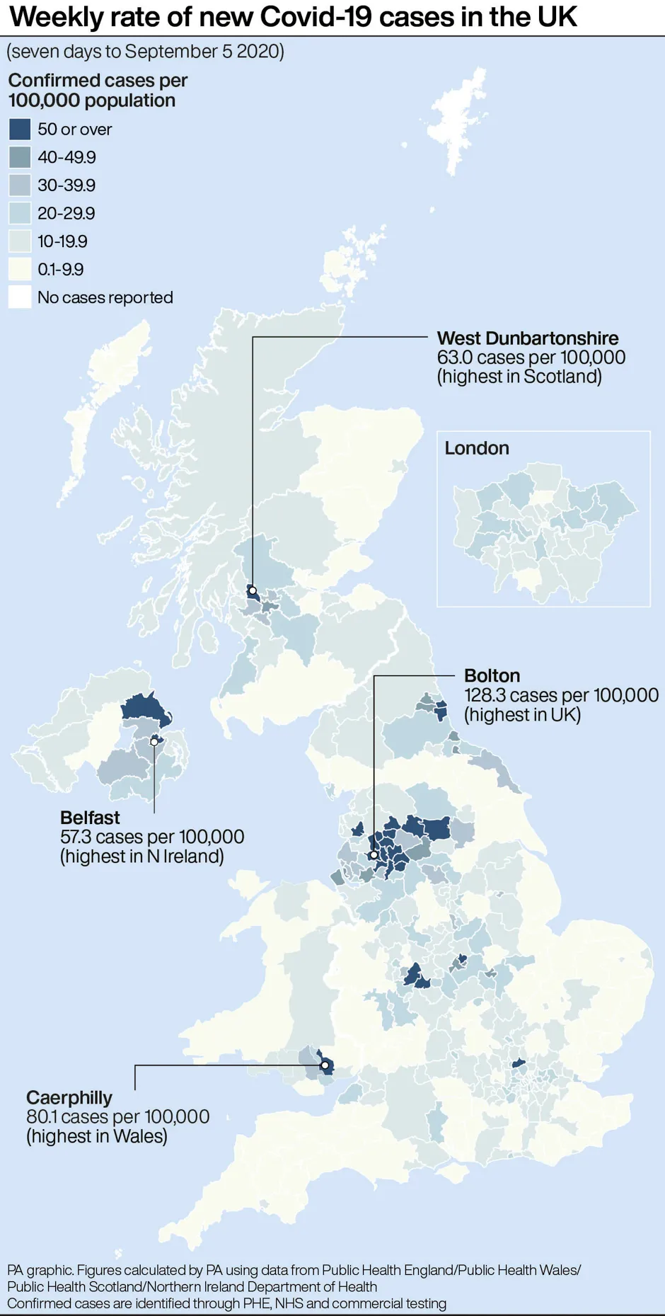 Map of the UK showing weekly rate of new cases © PA Graphics