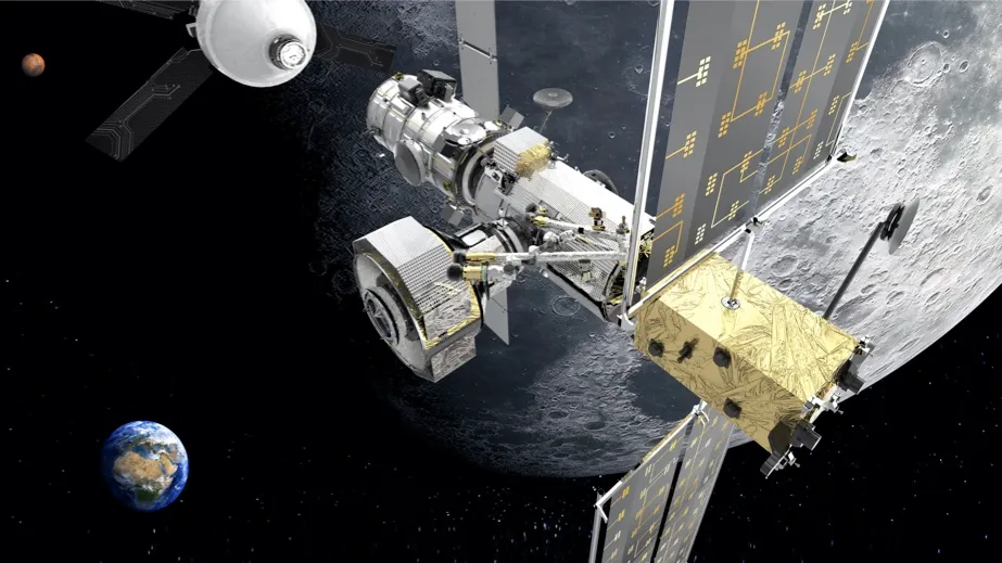 Artist’s impression of the lunar gateway, with an Orion crew capsule approaching © Thales Alenia Space.