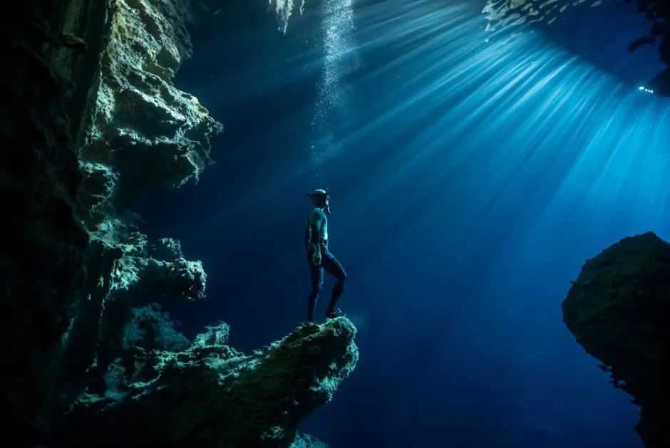 Exploration Photographer 2nd prize: A freediver explores a cave in Tonga © Karim Iliya