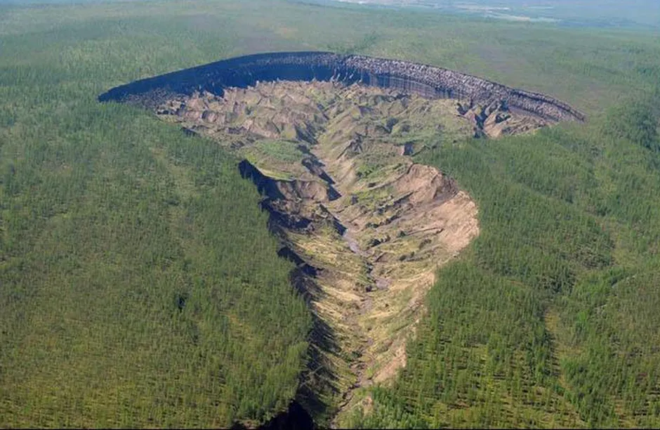 The Batagaika crater is a thermokarst depression in the Chersky Range area of Russia