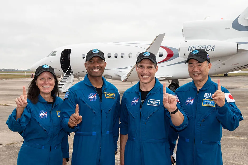 From left, Crew-1 astronauts Shannon Walker, Victor Gover, Michael Hopkins and Soichi Noguchi at NASA's Johnson Space Center in Houston, Texas © James Blair/NASA