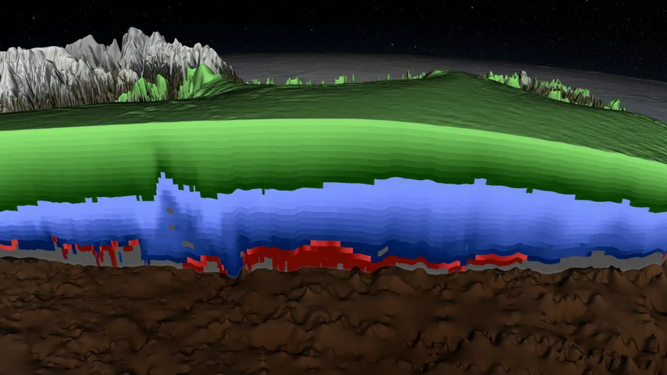 Scientists can use radar data to visualise the different ages of ice layers, creating 3D maps like this one of Greenland's ice sheet © NASA's Scientific Visualization Studio