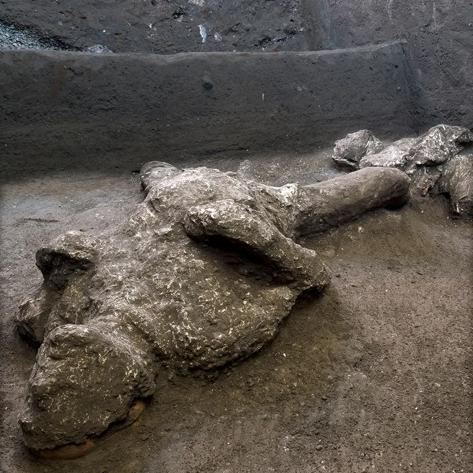 Detail of the casts of one of two bodies that are believed to have been a rich man and his male slave fleeing the volcanic eruption of Vesuvius nearly 2,000 years ago, are seen in what was an elegant villa on the outskirts of the ancient Roman city of Pompeii destroyed by the eruption in 79 A.D., where they were discovered during recents excavations.