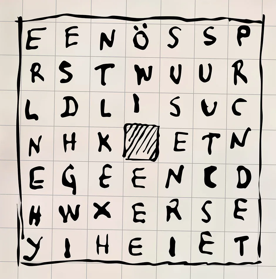 A square grid with a letter in each square and the centre square empty © Paolo Bonavoglia