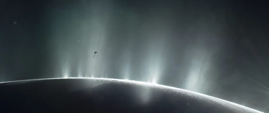 Graphic of Cassini plunging through plumes of water jets erupting from Enceladus © NASA